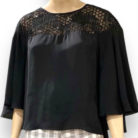 Black Embroidery Sequins Shoulder Flowing Wide Sleeve Formal Blouse Top  - NEW - Picture 4 of 4